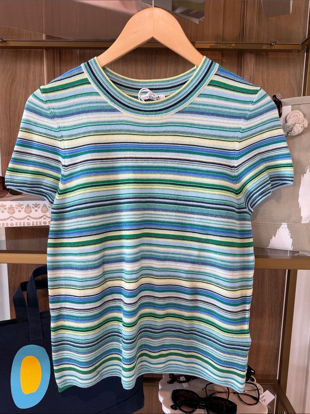 Pistola knitted Multi-Stripe Crewneck Top in Blue, Green & Yellow